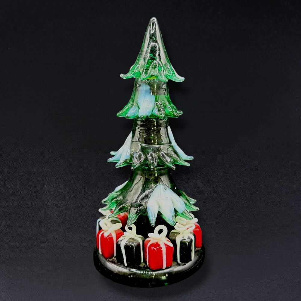 Vintage Art Glass Christmas Tree Figurine Snow Gifts Green‎ Holiday Decor